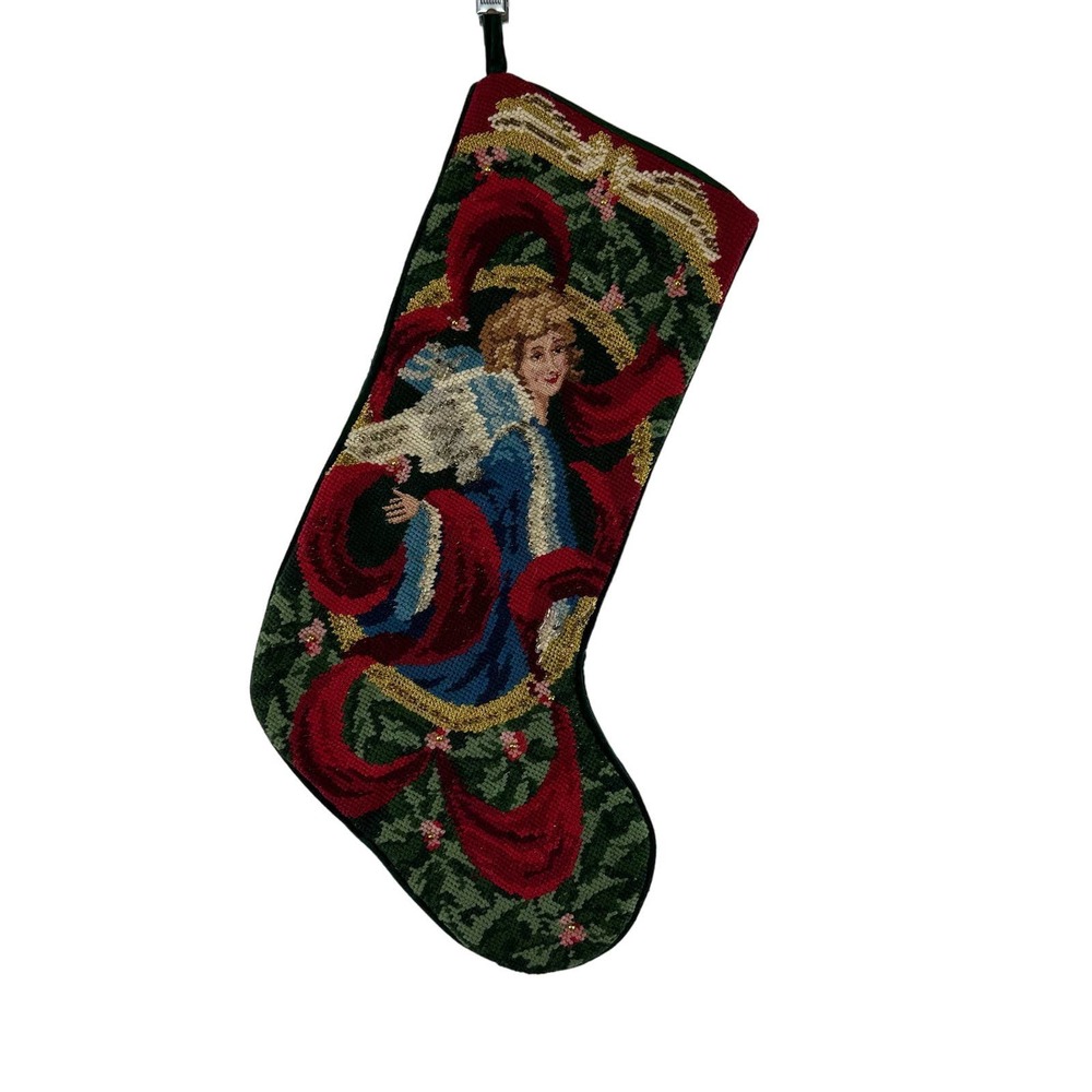 Needlepoint Angel‎ Christmas Stocking Handmade Vintage Velvet Back Beaded